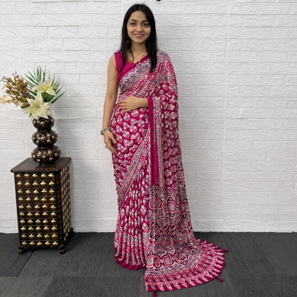 Japan Satin Ajrakh Printed Saree With Mirror Work