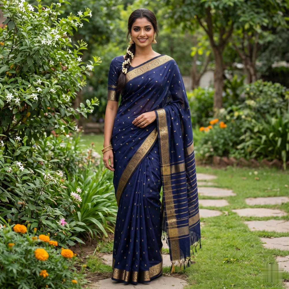Premium Navy Blue Chanderi Malmal Saree with Zari Jacquard Work & Unstitched Blouse