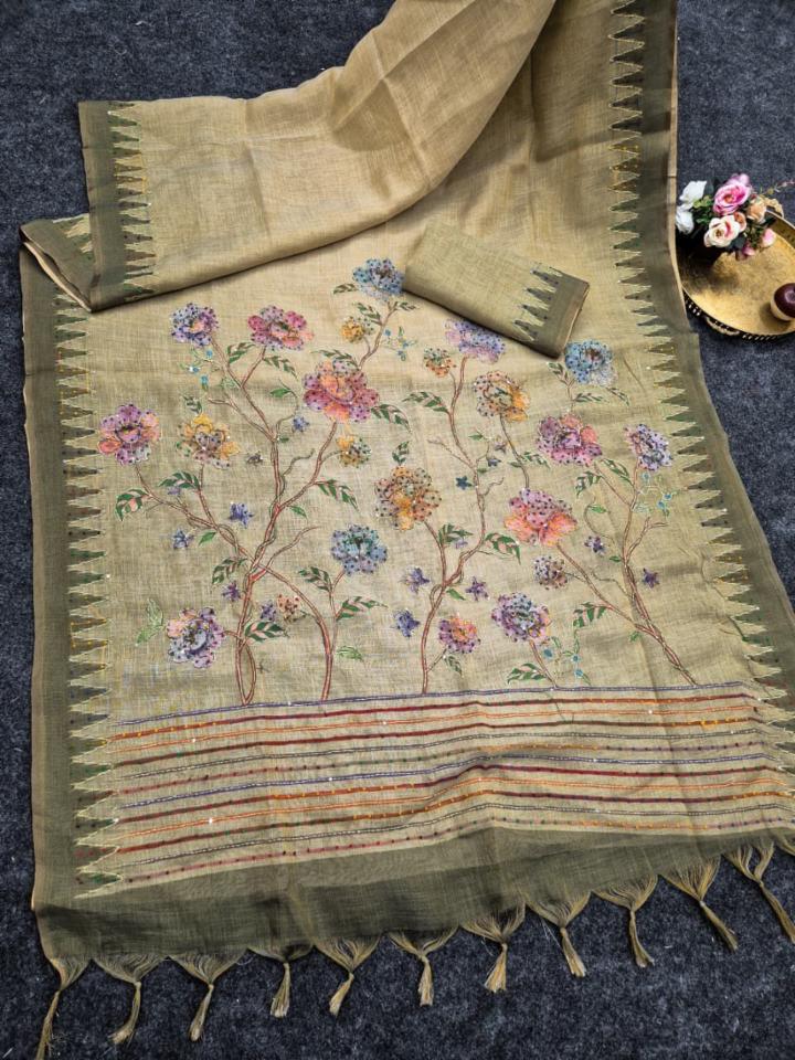 Premium Soft Pure Jute Linen Silk Saree with Floral Print and Handwork