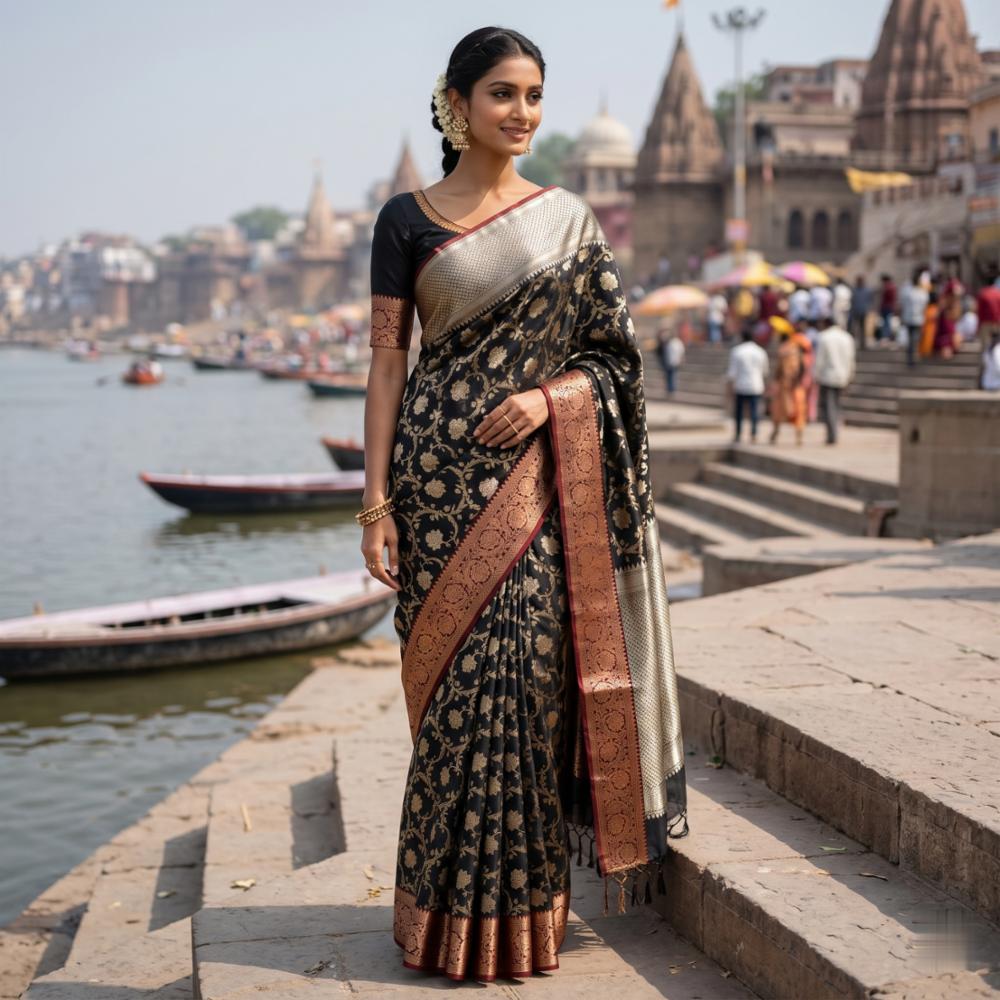 Premium Black Banarasi Cotton Silk Saree with Golden Zari Jaal Weaving & Rich Designer Border