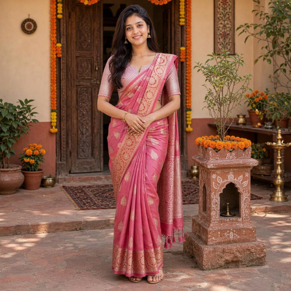 Banarasi Cotton Silk Saree with Golden Zari Buta Jacquard Weaving & Rich Traditional Border