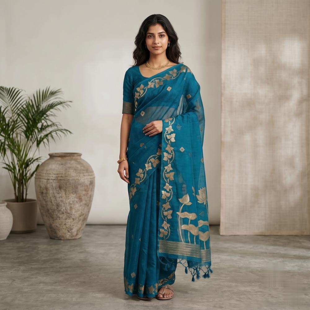 Premium Soft Jute Linen Silk Traditional Zari Weaving Saree with Running Blouse Piece