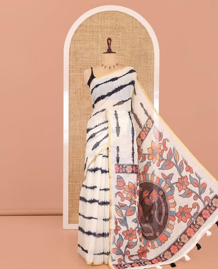 Premium Maheshwari Cotton Shibori Leriya Saree with Kalamkari Printed Pallu