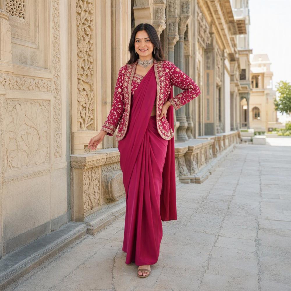 Womenâs Trending Ready-to-Wear Satin Saree with Embroidered Jacket, Blouse & Belt