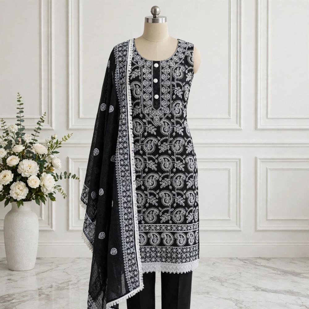 Black Embroidery Unstitched Suit