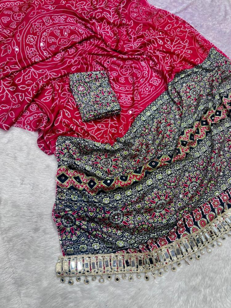 Premium Pure Ajrakh Satin Crepe Silk Saree with Bandhani Print, Mirror Work & Rich Designer Pallu