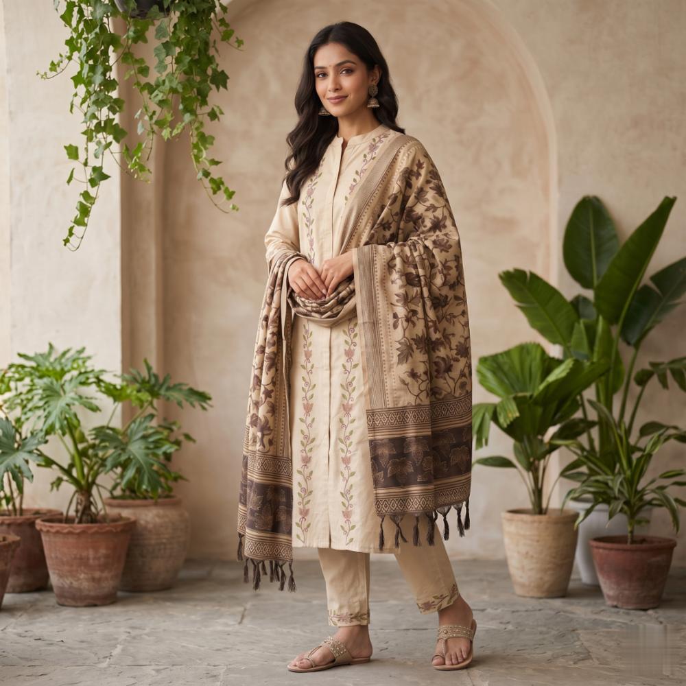 Three Piece Ethnic Kurta Set Khadi Cotton