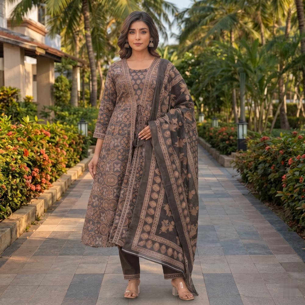 Women's Pure Cotton 3-Piece Anarkali Suit Set with Pant & Dupatta