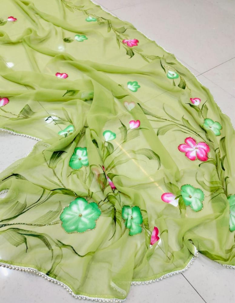 Soft Chiffon Saree Floral Brush Print Moti Border with Blouse