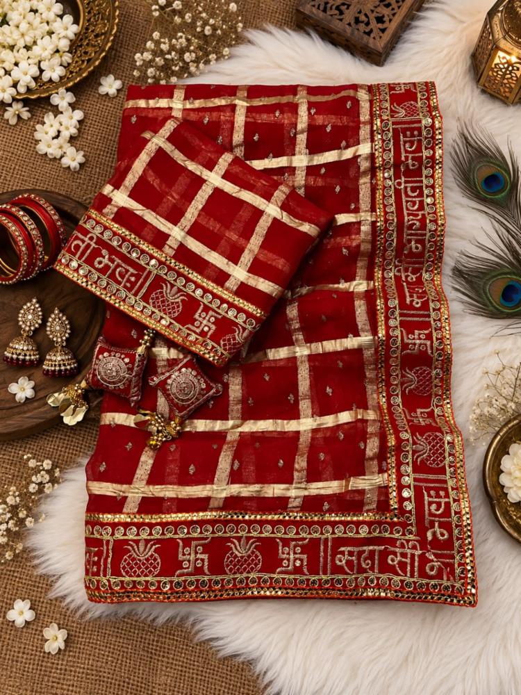 Premium Viscose Weaving Checks Saree with All-Over Foil Work, Designer Lace & Tassels