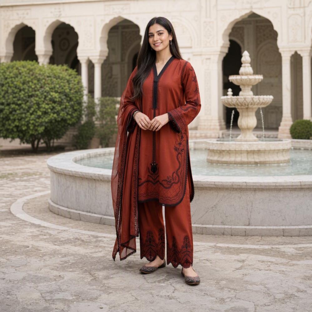 Pakistani Pure Cotton 3 Piece Embroidered Kurta Set with Digital Dupatta
