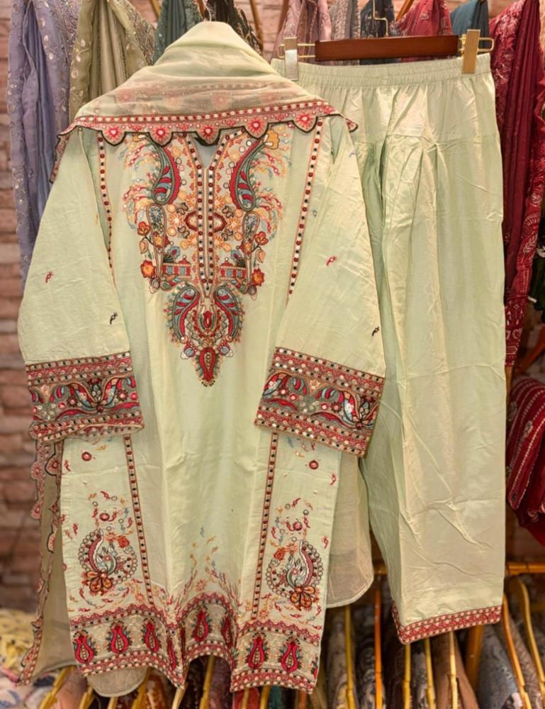 Pakistani Heavy Embroidered Cotton Suit with Embroidered Dupatta and Cotton Pant