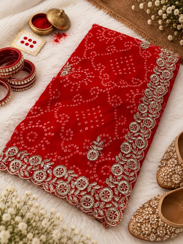 Premium Soft Georgette Bandhej Saree with Heavy Golden Zari Embroidery & Scalloped Bhungli Work