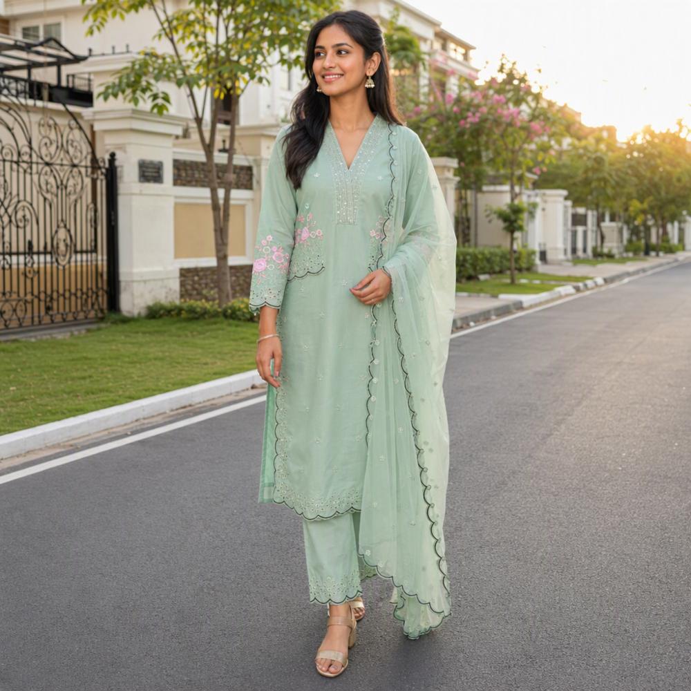 Mal Chanderi Embroidered Suit Set with Plazzo and Dupatta