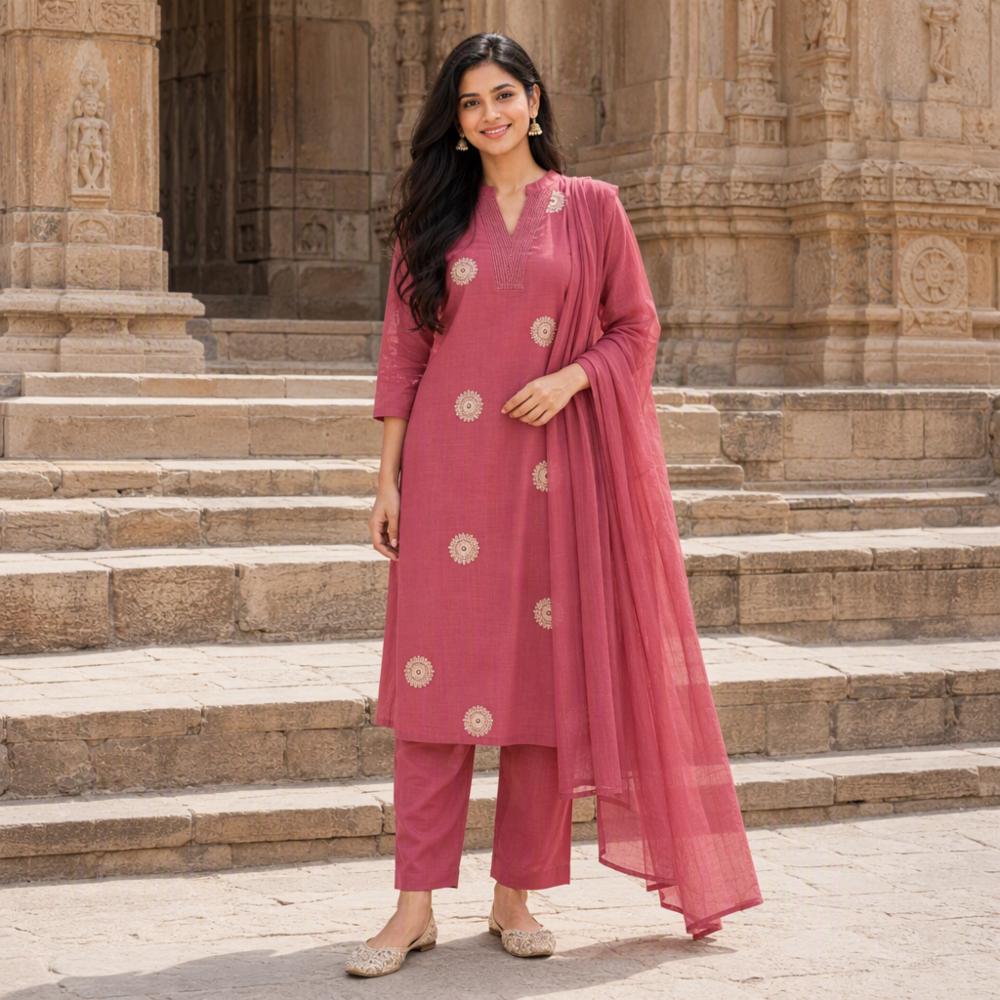 Sage Green Mul Cotton Dhavani Suit Set with Embroidery