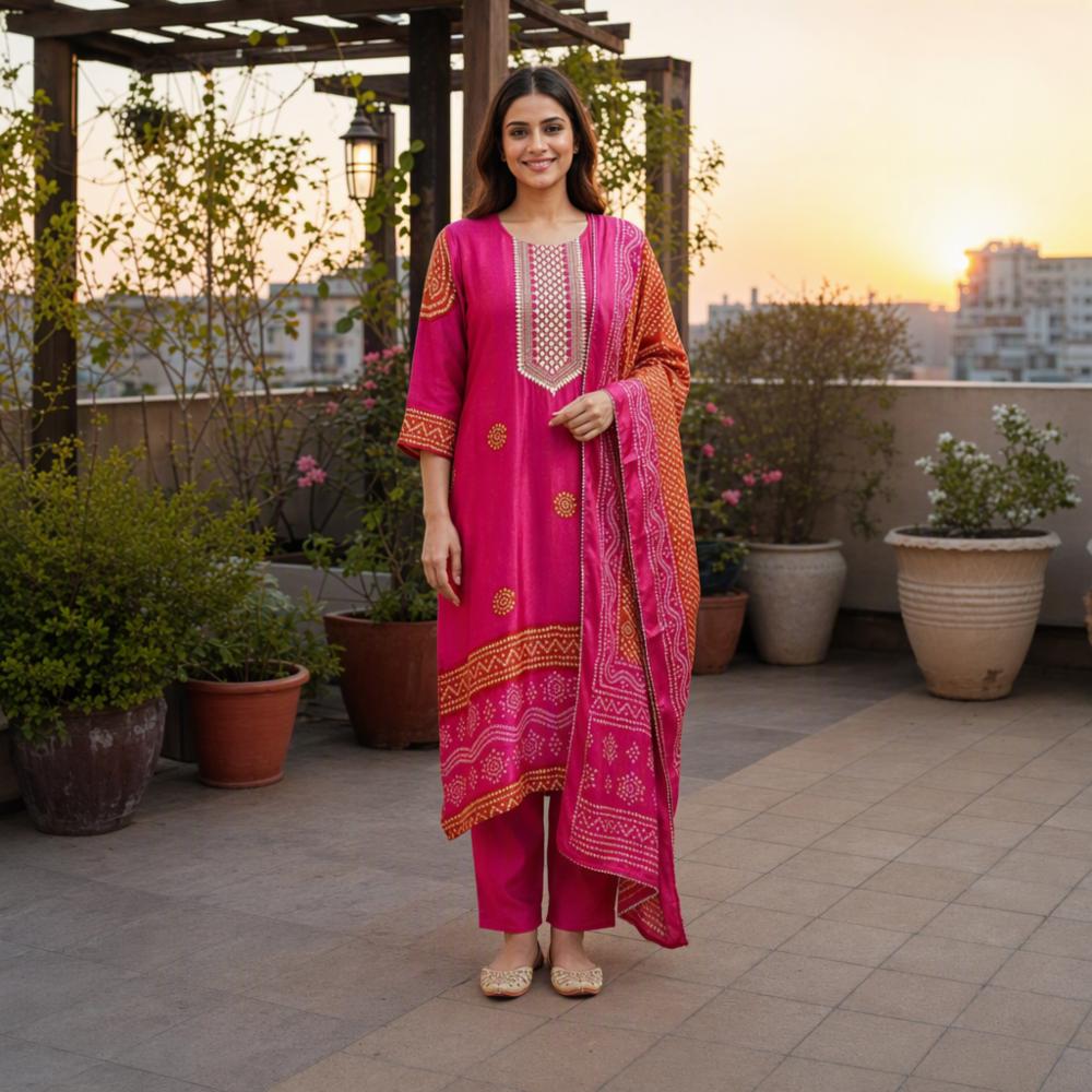 Chinon Fabric Kurti Pant Dupatta Set 