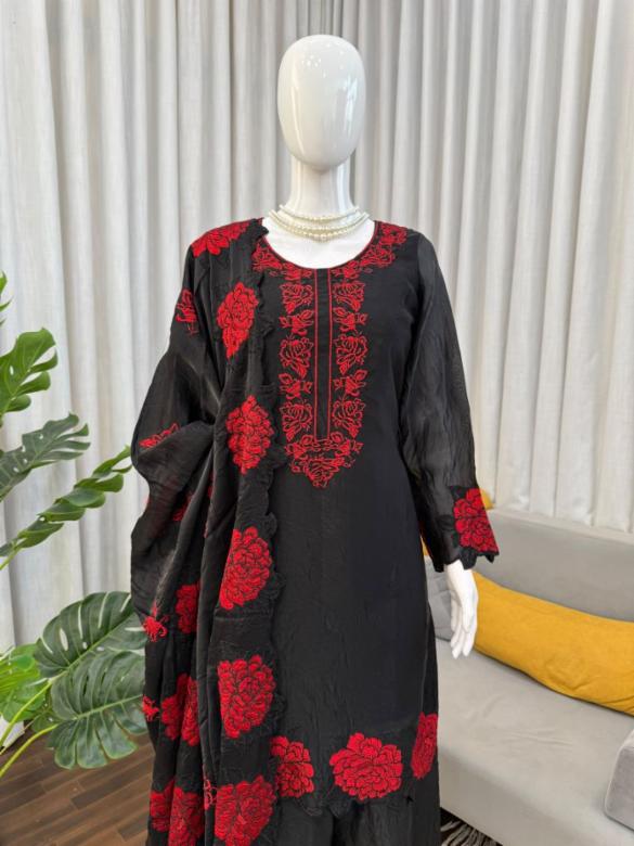 Fendy Silk 3-Piece Suit Set with Thread Work and Palazzo