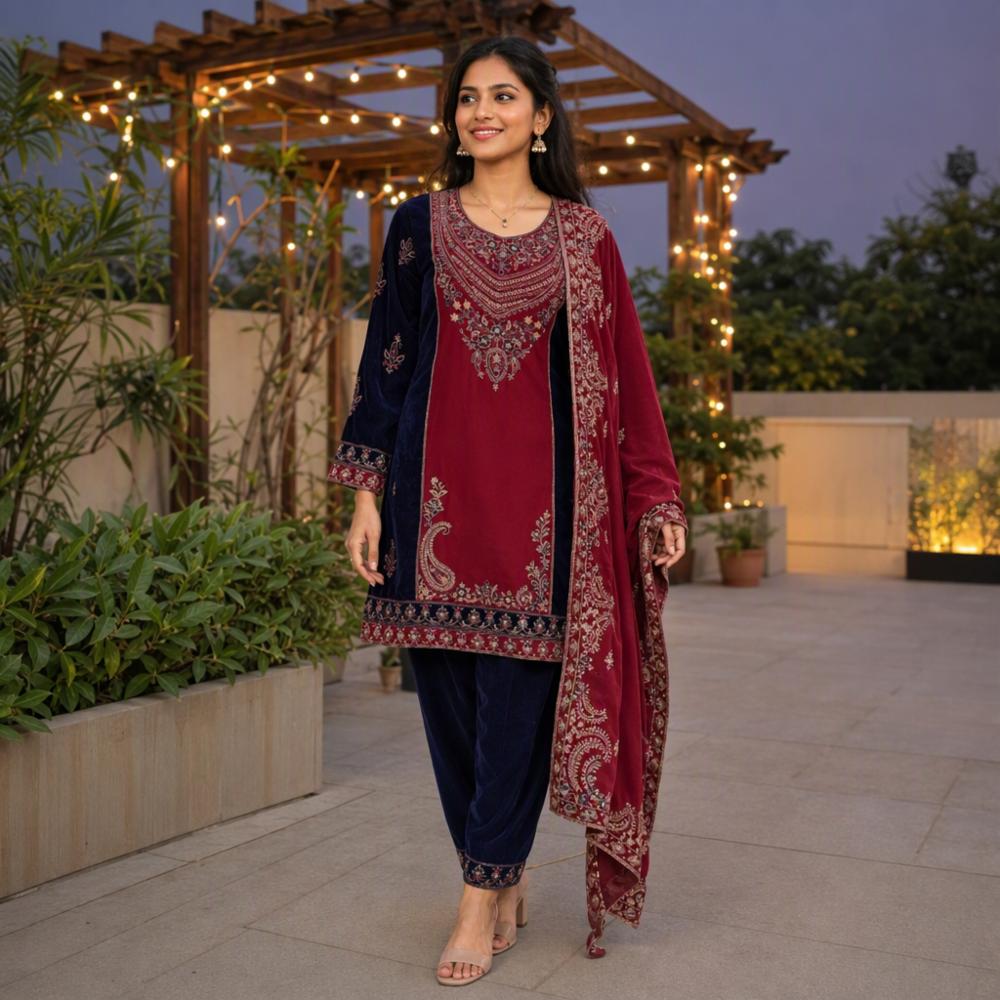 Velvet Embroidered Suit Set with Dupatta