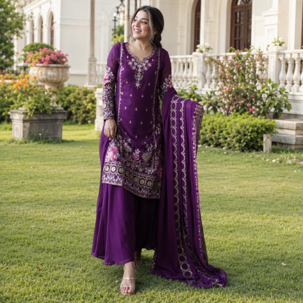 Fox Georgette Kurti, Palazzo, and Dupatta Set with Sequence Embroidery