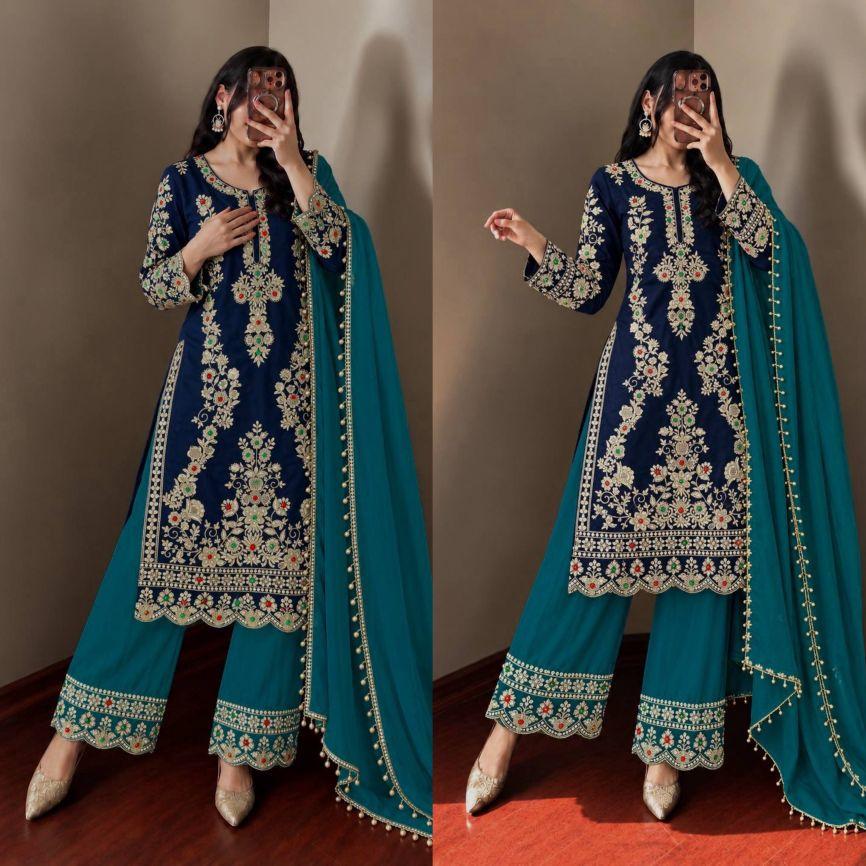Pure Crepe Silk Embroidery Kurti Palazzo Dupatta Set