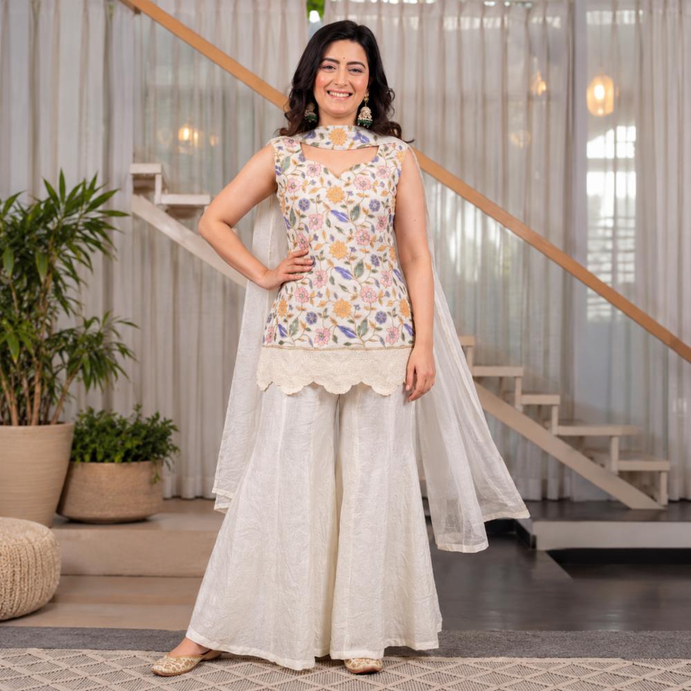 Heavy Fendi Crush Embroidery Work Top with Sharara Palazzo & Dupatta Set