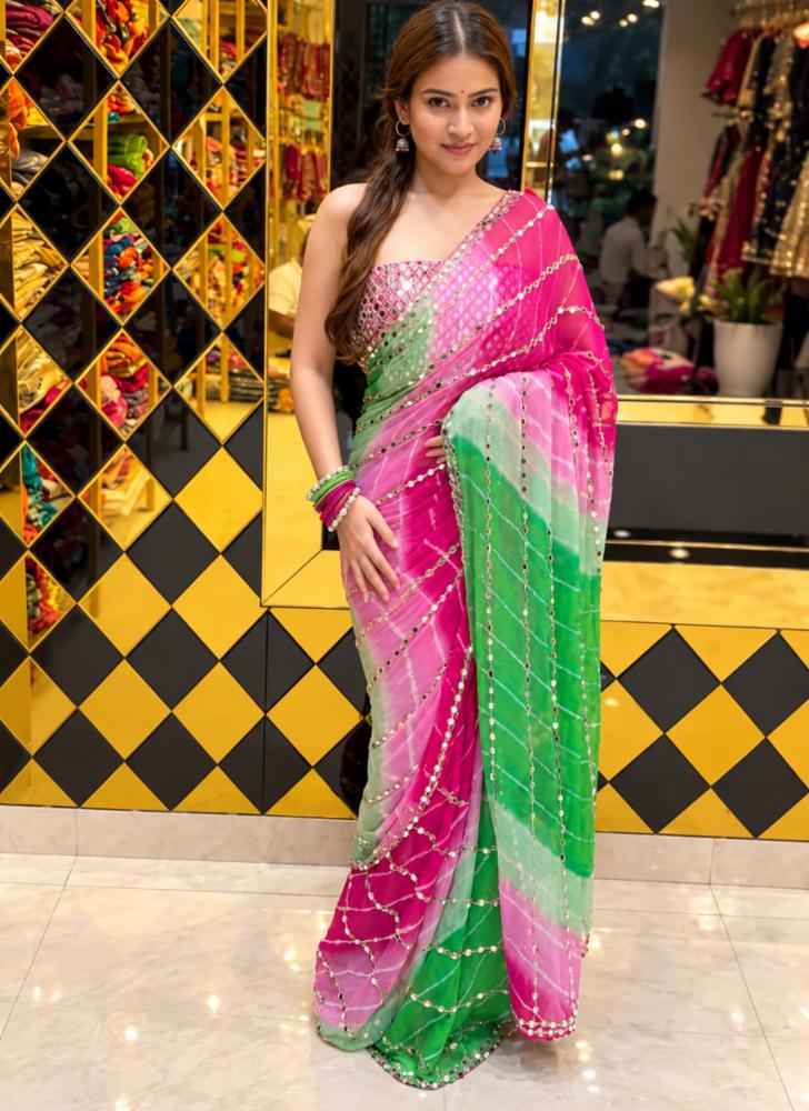 Faux Georgette Saree with Beads, Real Mirror