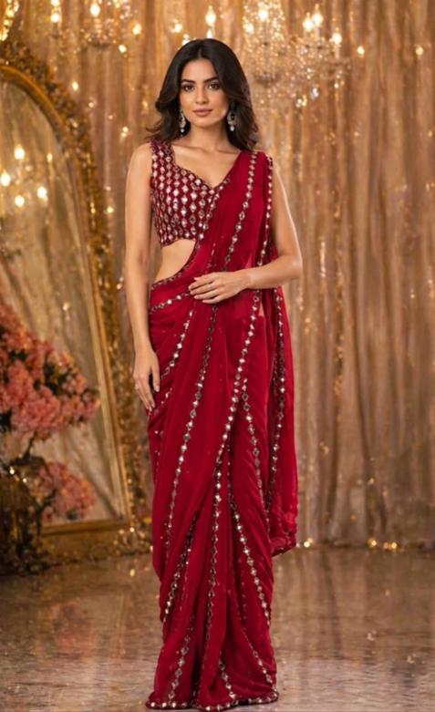 Faux Georgette Real Mirror Work Saree