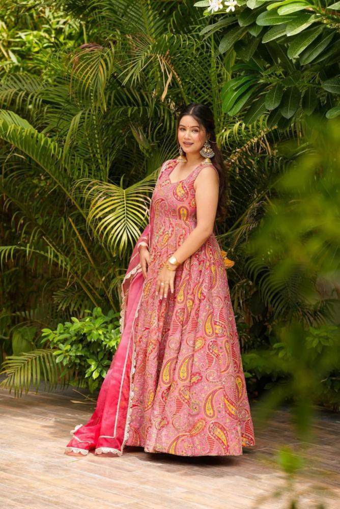 Digital Printed Jimmy Organza Silk Anarkali Gown with Dupatta