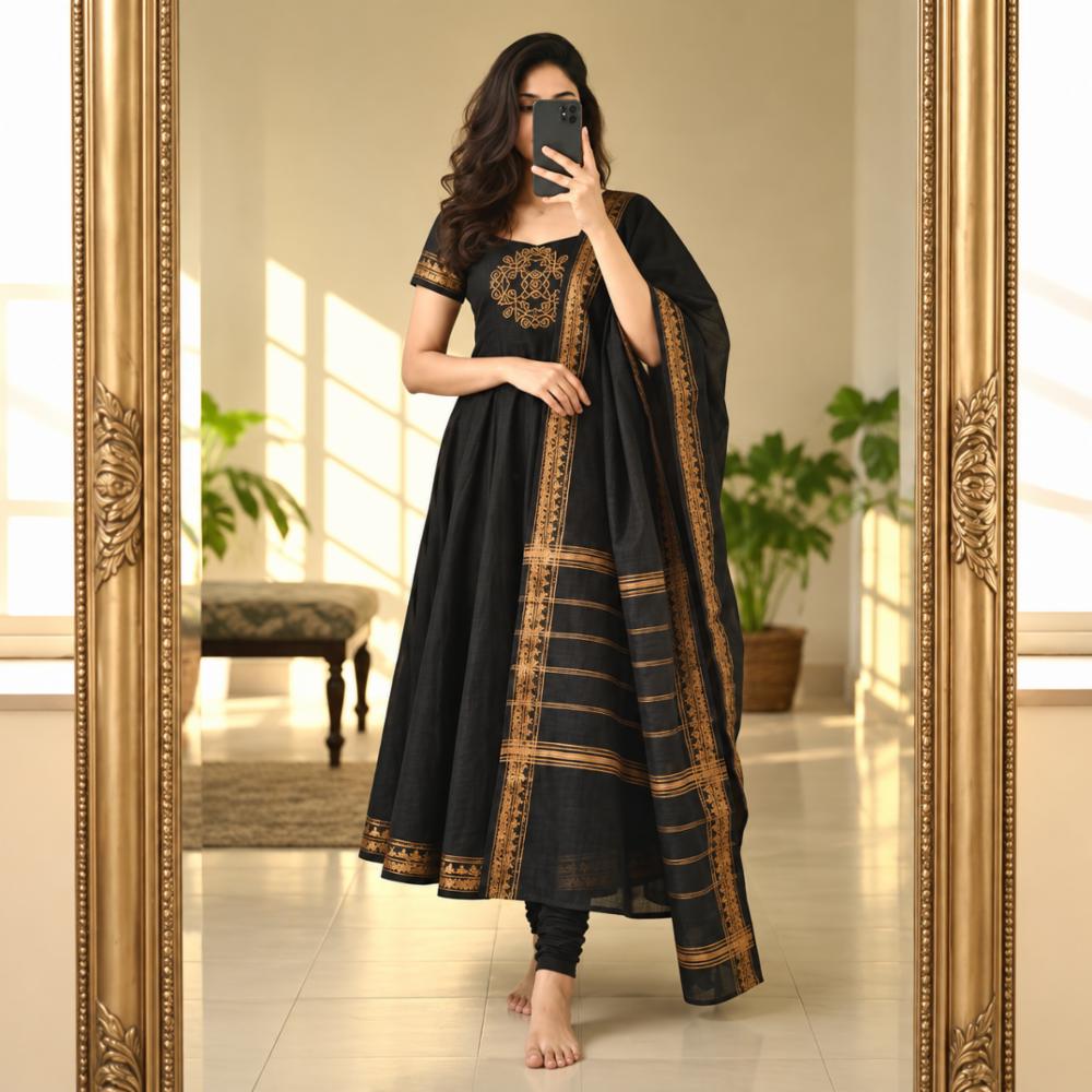 Pattu Cotton Gown with Jacquard Zari Border and Dupatta