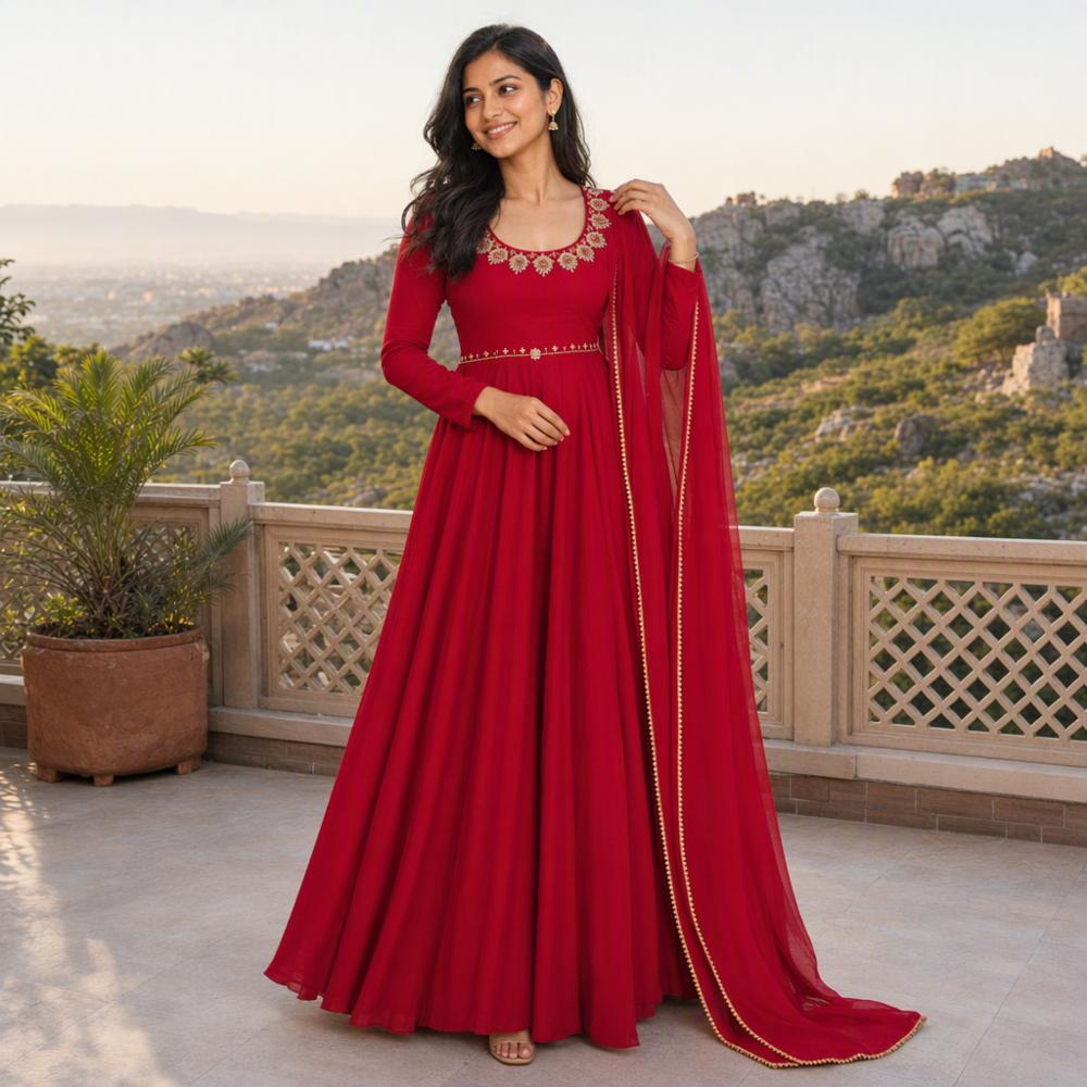 Ruby Red Space Silk Anarkali Suit Set Handwork Yoke Lined