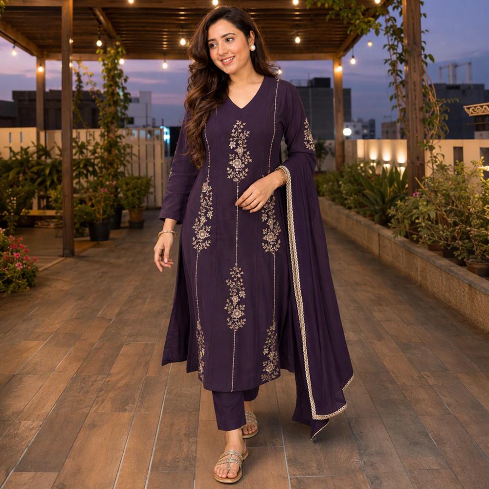 Mul Chanderi 3-Piece Floral Beads Work Kurti Set