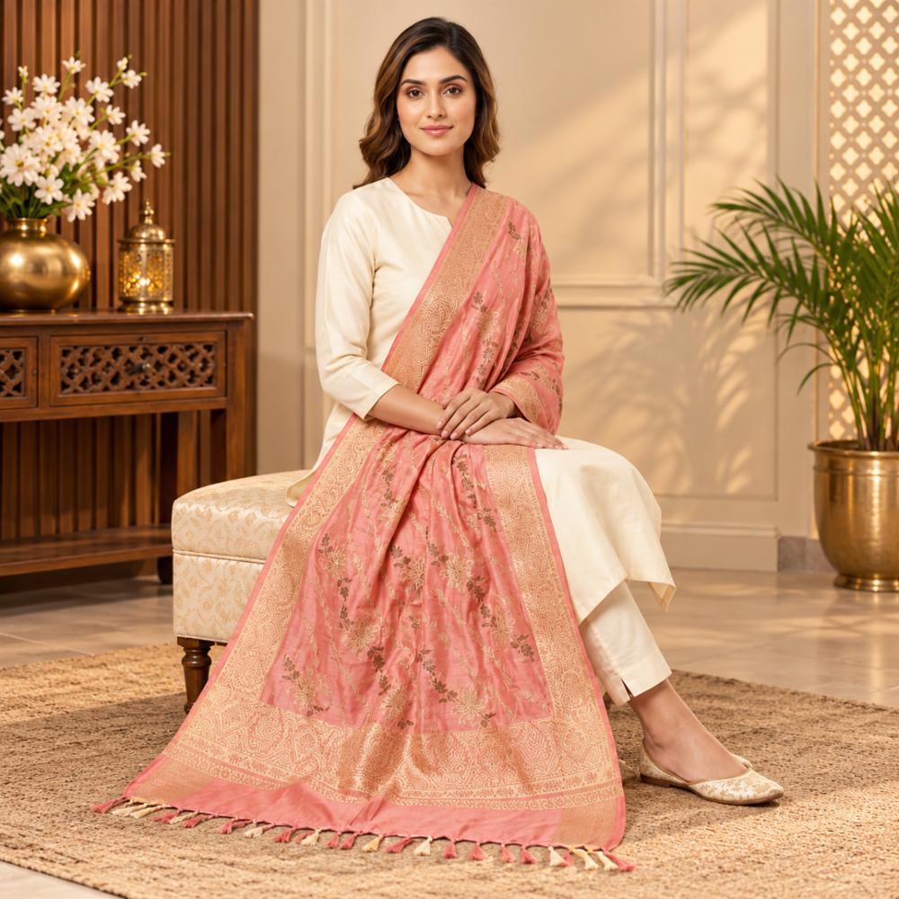 Peach Pink Wool Blend Kashmiri Floral Zari Border Dupatta