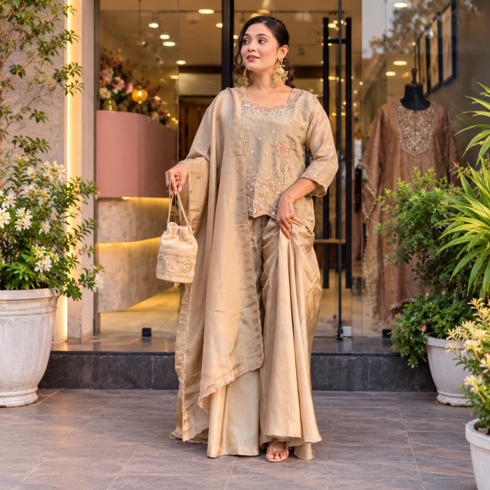 Sharara Suit Set in Shimmer Heavy Silk with Embroidery