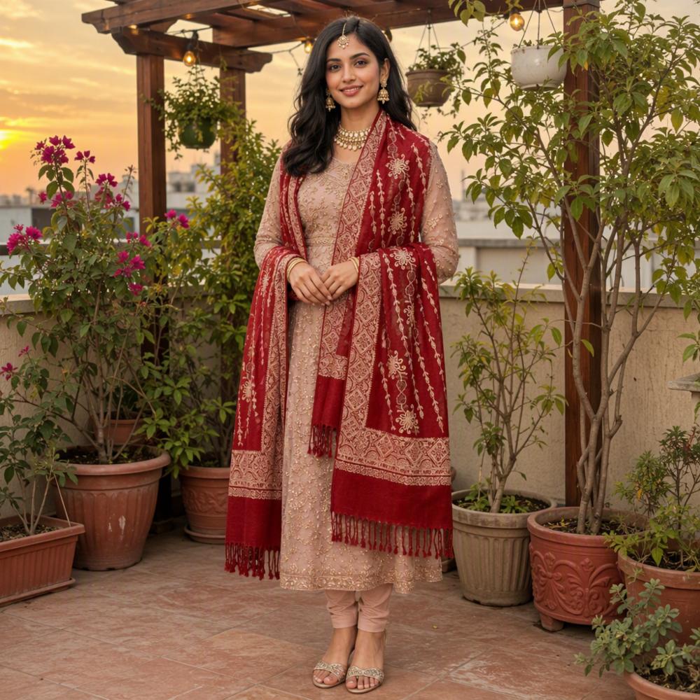 Maroon Red Kashmiri Floral Wool Blend Dupatta