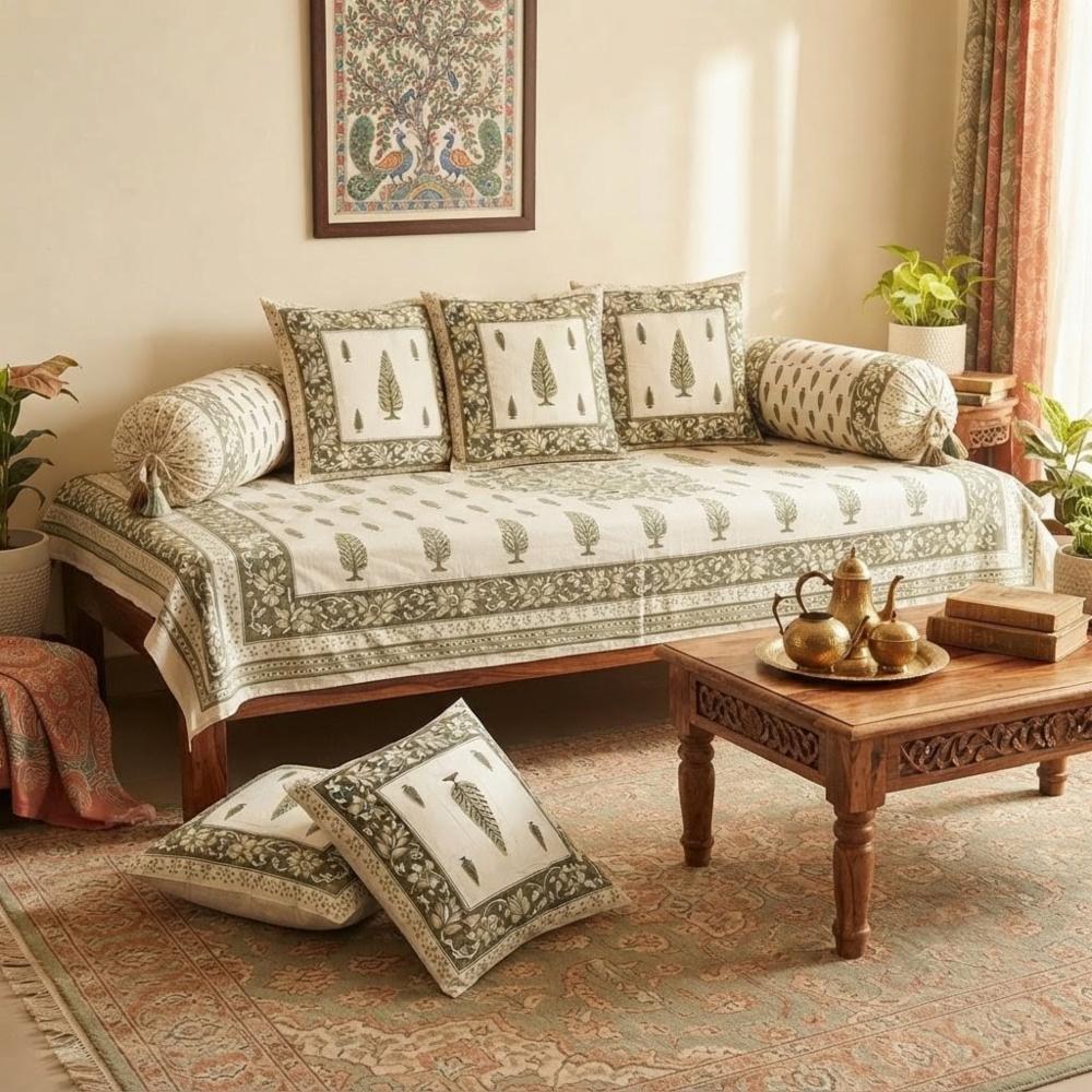 Ivory & Olive Green Tree Motif Printed Cotton Diwan Set