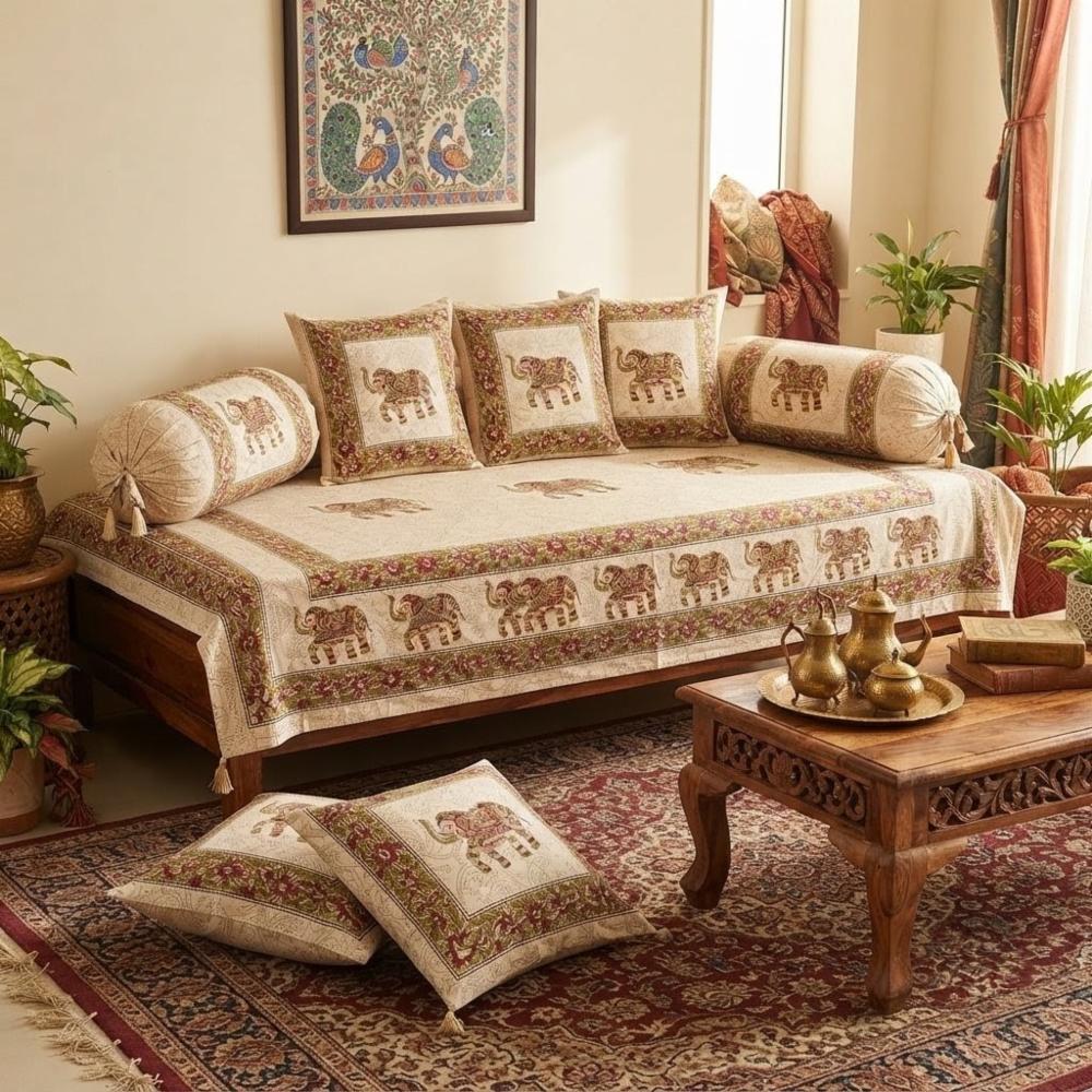 Cream & Maroon Elephant Motif Printed Cotton Diwan Set