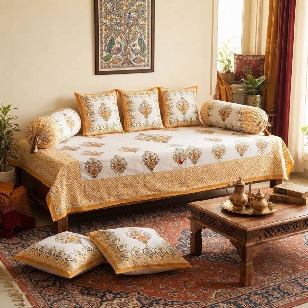 Ivory & Mustard Yellow Floral Motif Printed Cotton Diwan Set