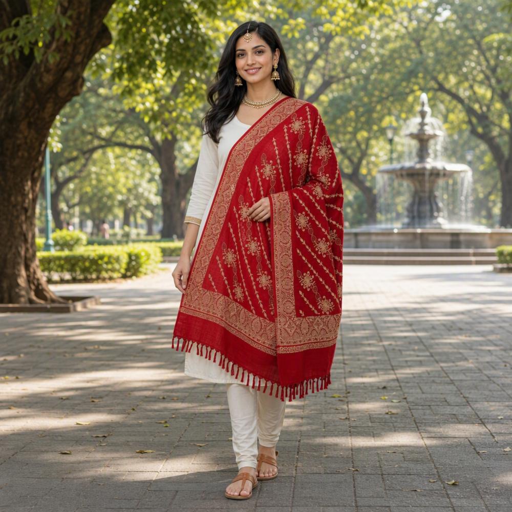 Red Woolen Stole with Golden Embroidery and Tassels