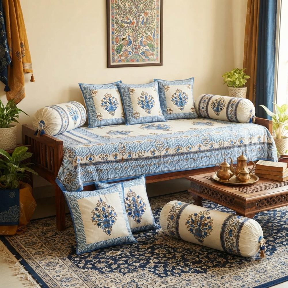 Ivory, Blue & Mustard Floral Cluster Printed Cotton Diwan Set