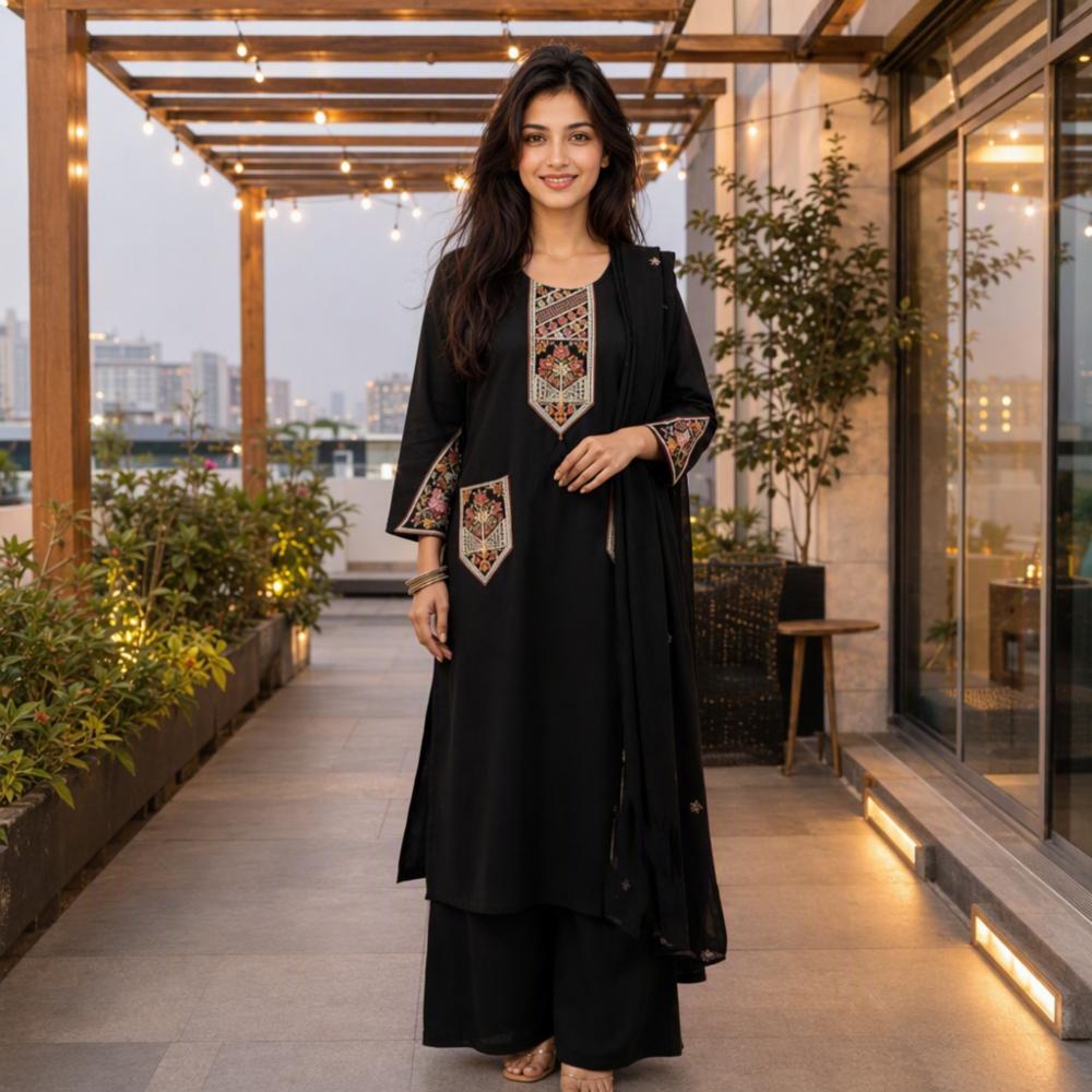 Women's Black Cotton Flex Embroidered Kurta Palazzo Set with Dupatta