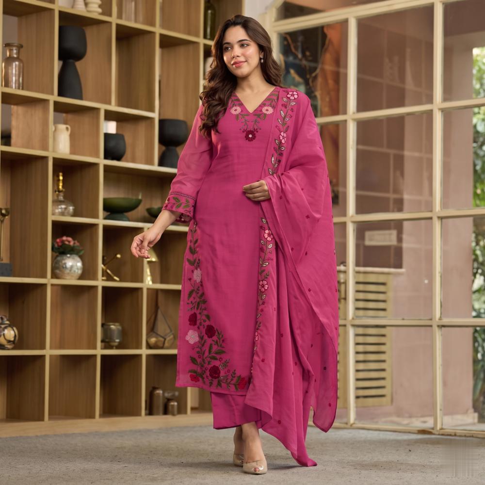 Women's Pure Cotton Embroidered Kurta Pant Set with Cotton Malmal Dupatta