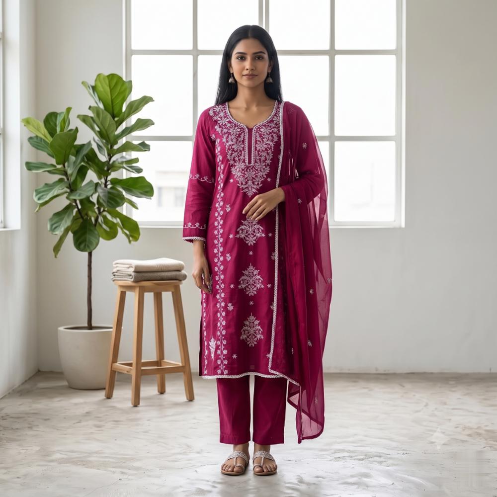 Premium Pure Cotton Embroidered Kurti Pant Dupatta Set