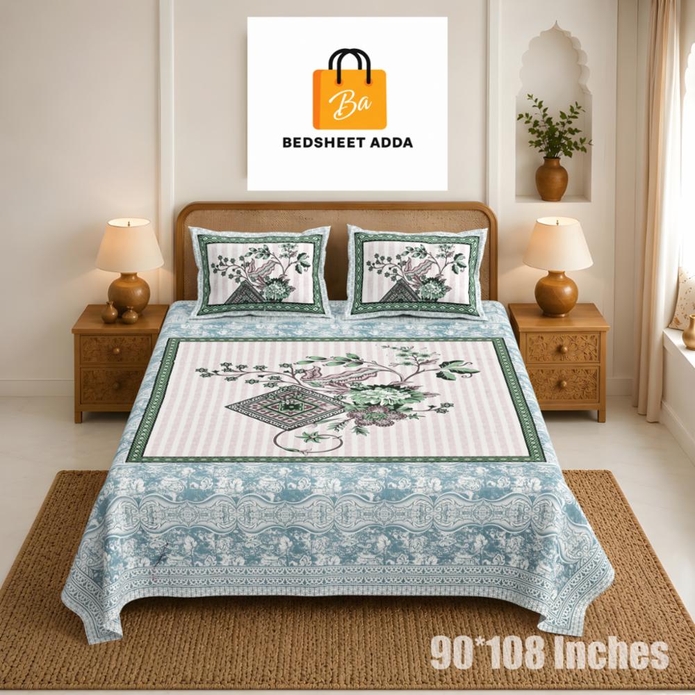 Bedsheet Adda Standard King Size Double Bedsheet 90×108 Inches | Jaipuri Printed 100% Cotton Bedsheet with 2 Pillow Covers