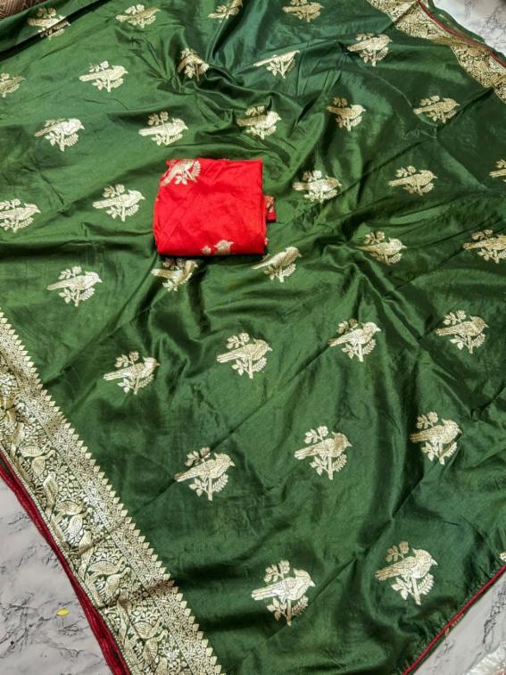 Semi Dola Silk Mehendi Colour Saree with Zari Border and Blouse