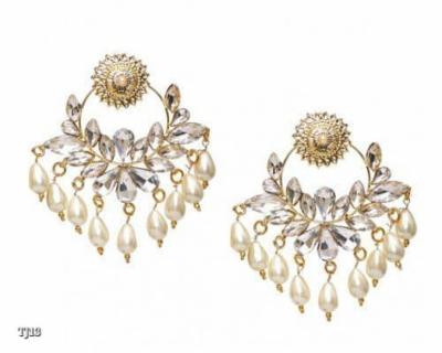 Womenâs Gold-Plated Pearl Drop Chandbali Earrings with Floral & Crystal Detailing