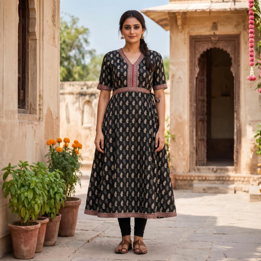 Women's Black Cotton Carry Print A-Line Kurti