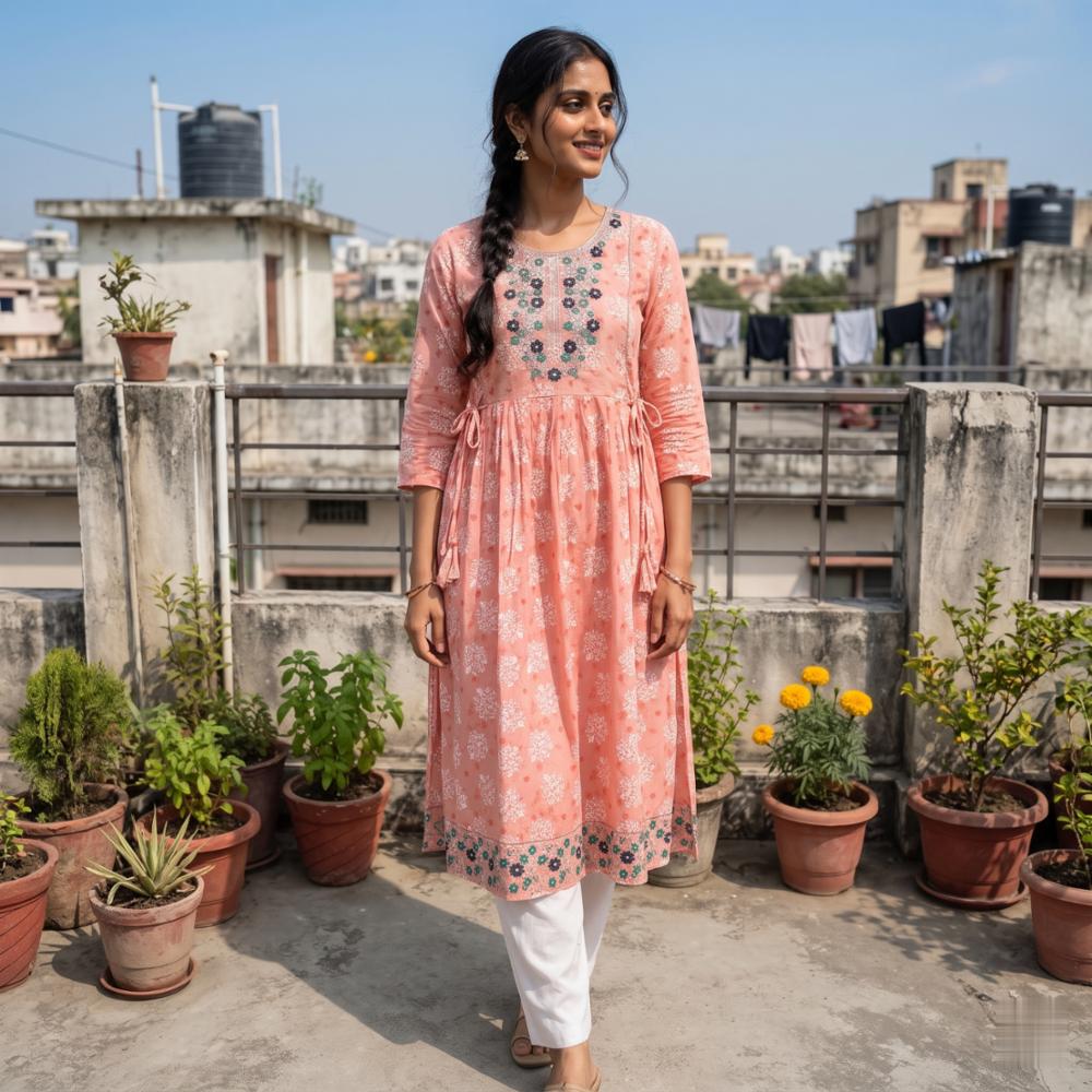 Peach Pink Cotton Printed Kurti with Elegant Neck Embroidery