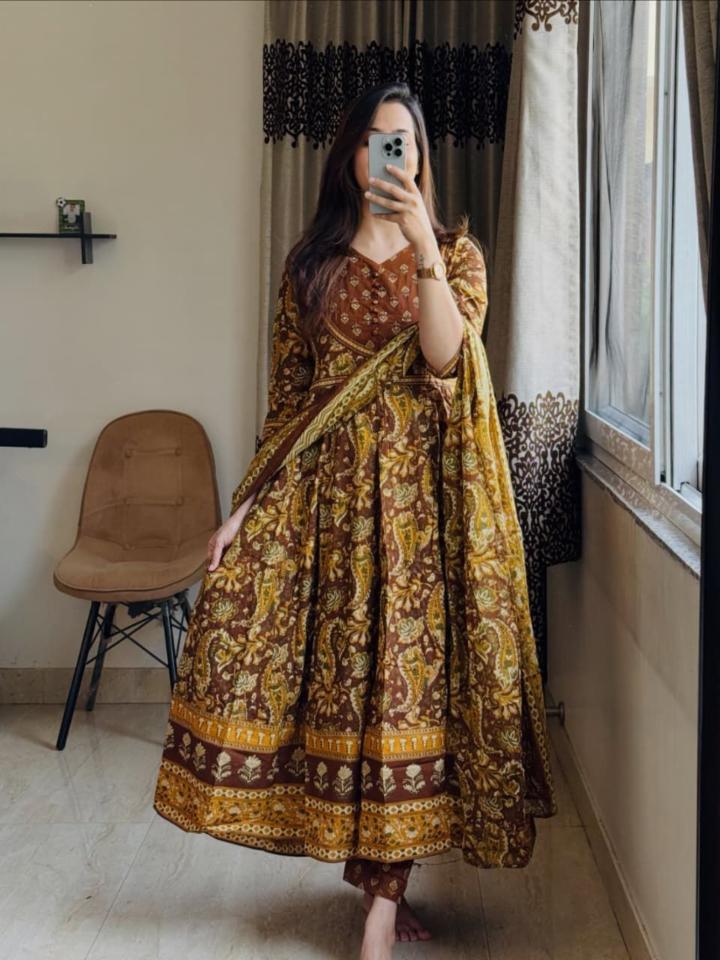 Women's Printed Cotton 3-Piece Anarkali Kurta Set with Pant and Dupatta