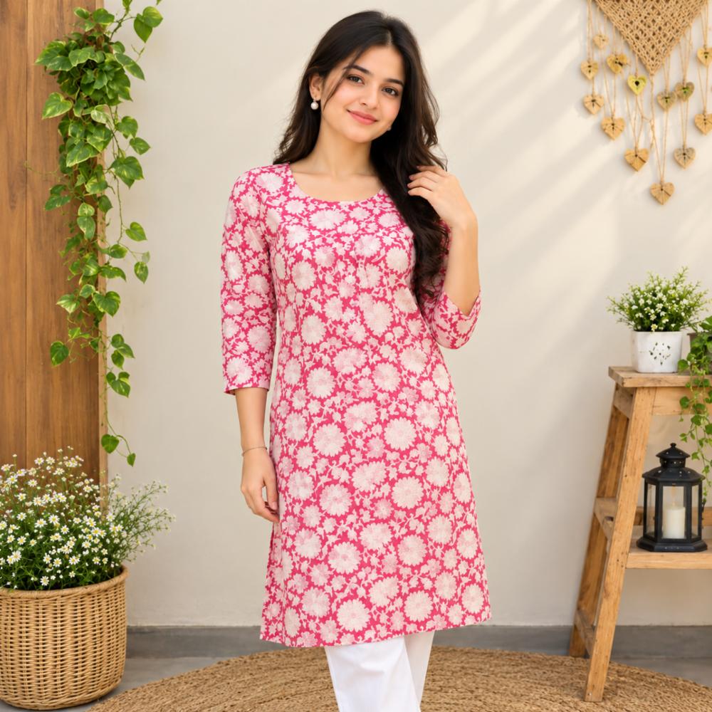 Women's Pink & White Floral Printed Cotton Kurti
