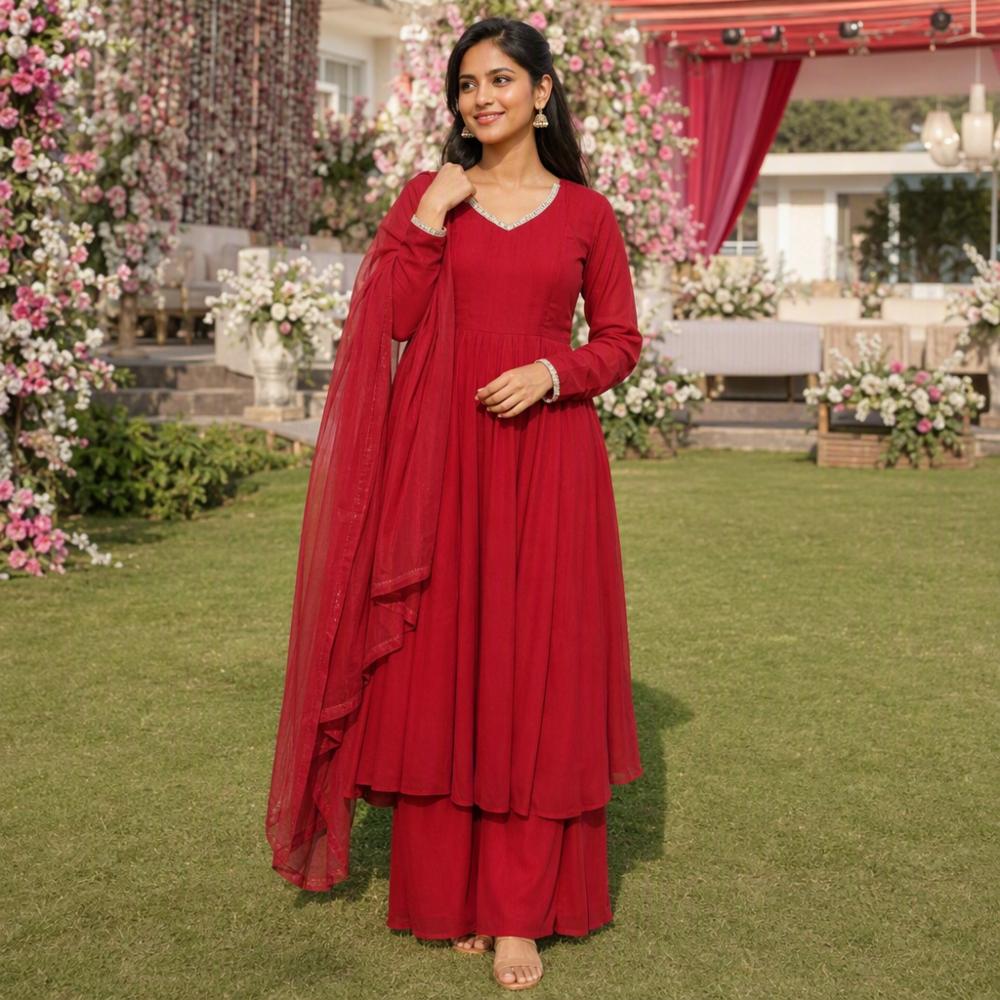 Cherry Red Anarkali Georgette Suit Set with Mirror Work and Dupatta
